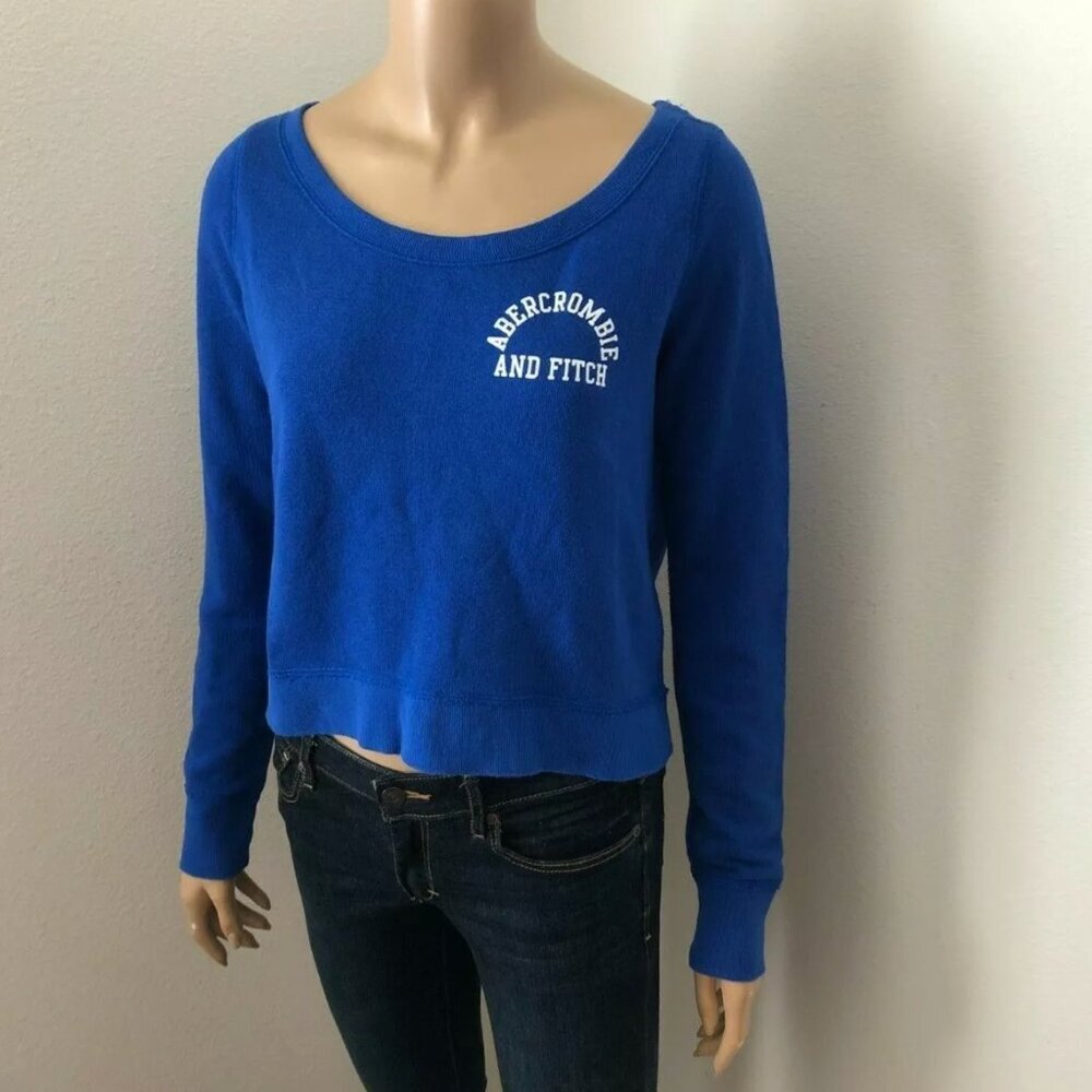 NWT Abercrombie & Fitch Womens Crop Logo Sweater Size S M Blue - Picture 2 of 4